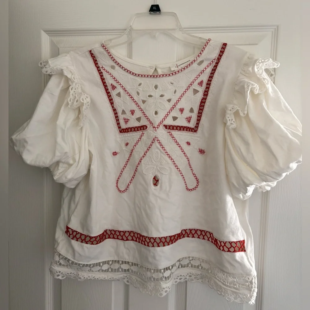 Anthropologie Embroidered White and Red SZ XL Top